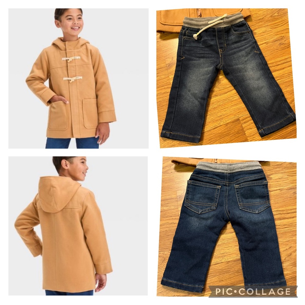 Cat & Jack Bundle Tan Hooded Classic Toggle Coat with patch pocket& Pull up jean